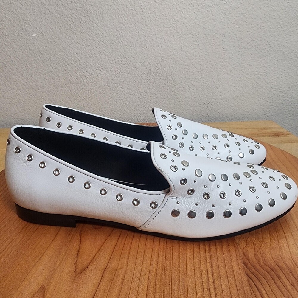 Sandro Loafer Shoes Womens Size 7.5 White Studded Leather Flats EU 38 Slip On